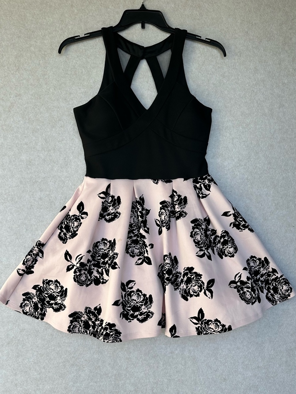 Crystal Doll Dress Size 11 Black & Light Pink Floral Fit-and-Flare Dress